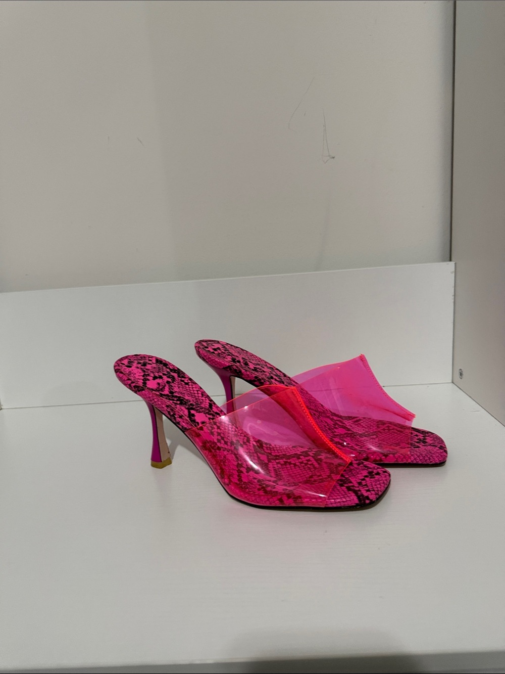 Jessica Simpson Hot Pink Snakeskin Clear Strap Stiletto Mules